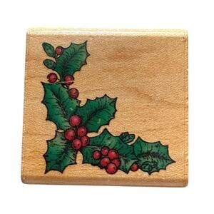 Comotion Vintage 1996 846 Holly Border Wood Mount Rubber Stamp